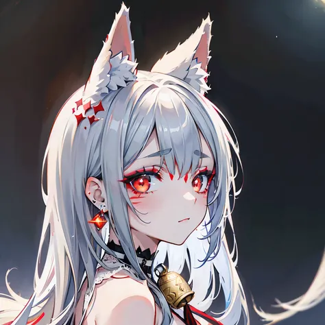 one gorgeous fox woman, (solo), white fox ears, white fox tail, ((light grey long hair)), red line on her cheeks and between the...