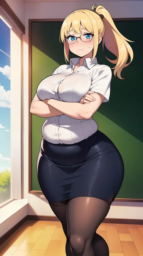 ((highres)), Masterpiece, high quality, best quality, beautiful, perfect lighting, detailed face, ultra cute face, ((1girl)), ((solo), long blonde hair, bangs, ponytail, blue eyes, glasses, (blush), embarrassment, aroused, looking at viewer, arms crossed, ...