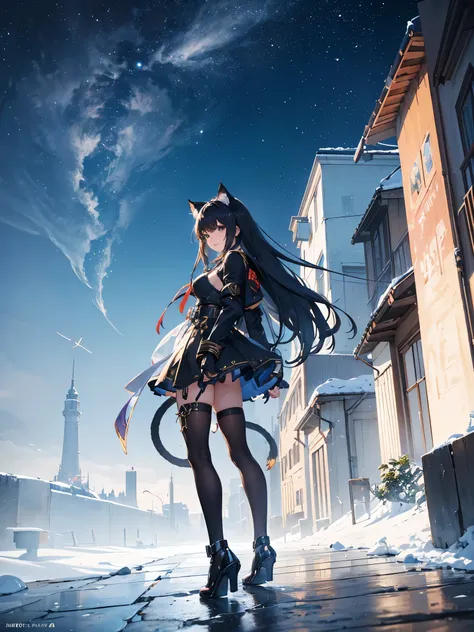 (high quality、8k、ultra hd,dark fantasy,anime girl with long hair and cat ears standing in front of the earth, the background is ...