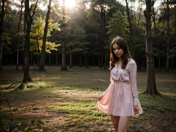 young woman, looking at camera, pink dress, forest, spring mysterious atmosphere, bright sunset