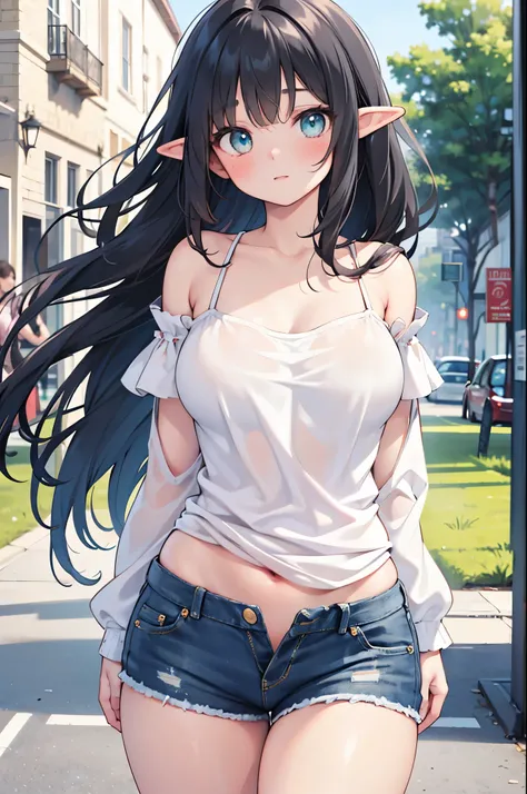 realistic image, coherent image, detailed image, 1 beautiful elf, She has black hair, long hair, turquoise eyes, her face is oval and delicate, Blush, She is wearing an off-shoulder top, denim mini shorts. She has a curvy body, medium breasts, thick thighs...