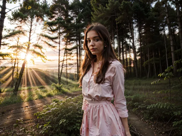 young woman, looking at camera, pink dress, forest, spring mysterious atmosphere, bright sunset