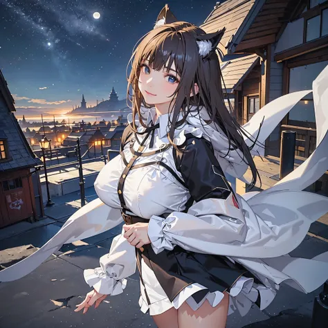 (high quality、8K、ultra hd,dark fantasy,Anime girl with long hair and cat ears standing in front of the earth, The background is buildings from the moon world.、mysterious、Smile、)、Nightcore, very beautiful anime cat girl, Beautiful anime cat girl, Perfect bu...