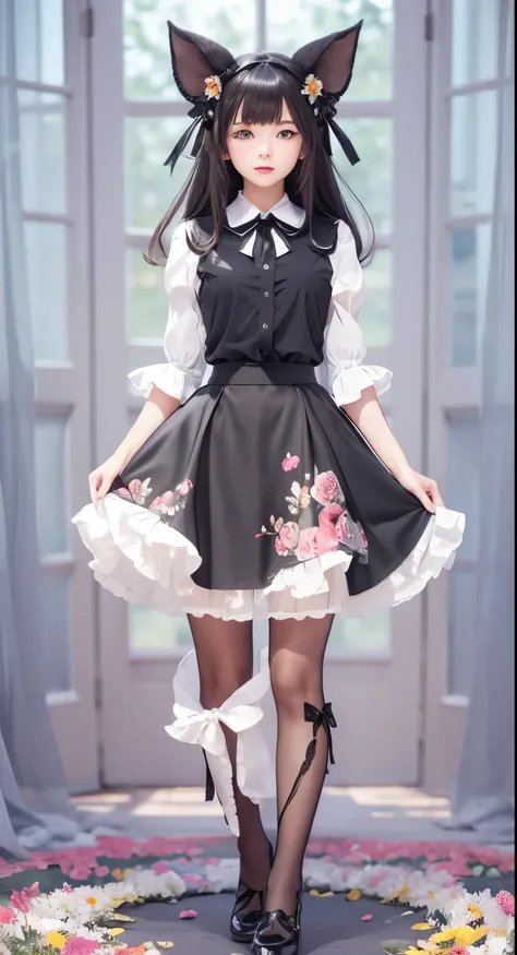 (masterpiece), (best quality), (highly detailed),black pantyhose, skirt, ears,standing,  flower field,