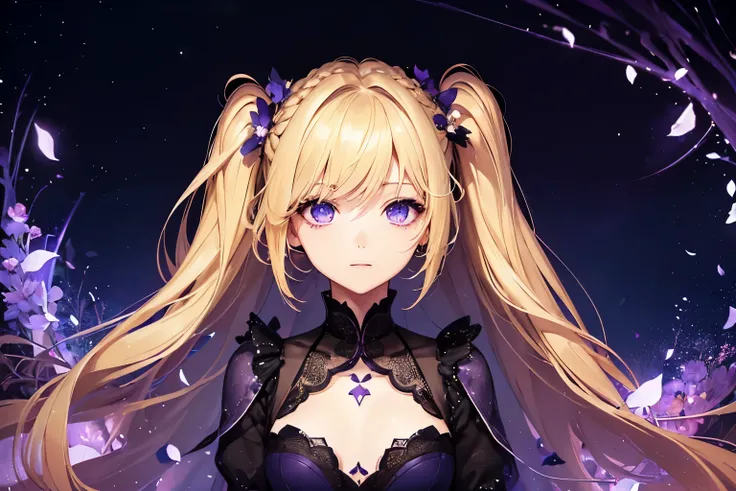 1girl,sense of deps,disorganized,catch light,Super beautiful illustrations,((beautiful blonde,Two Side Up Hairstyles:1.3)),((Purple,beautiful eyes:1.2)),;D,beautiful and delicate flowing hair,emphasized chest,night sky