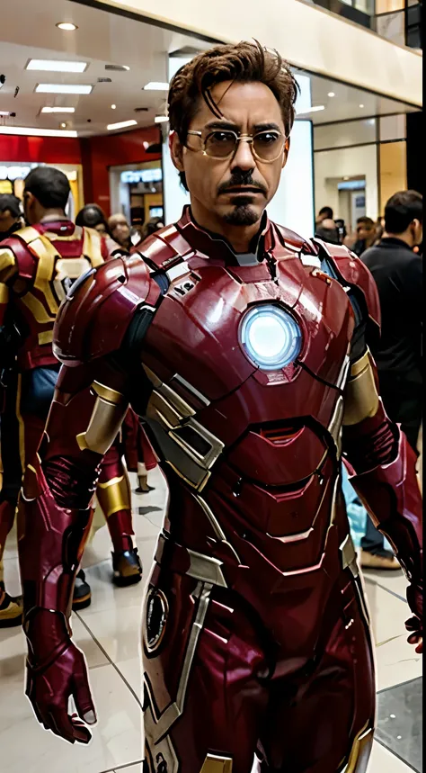 robert downey jr dressed as iron man, olhar heroico, Facing the camera squarely, In the middle of the mall