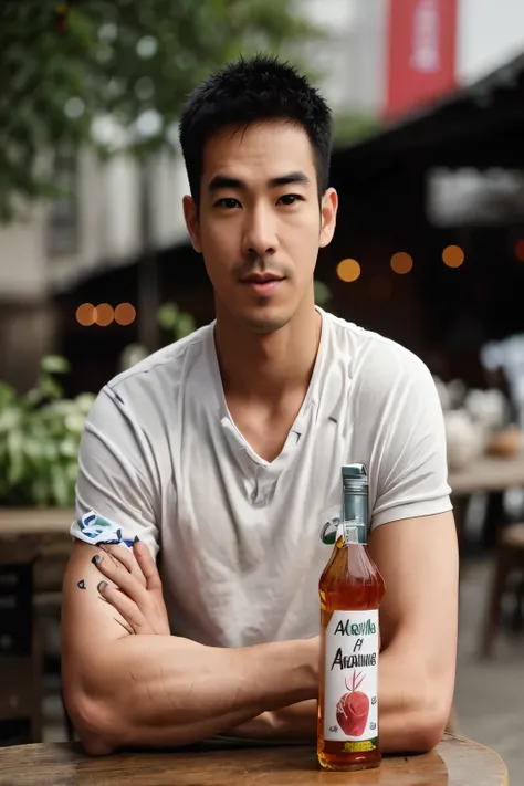 arafed man sitting at a table with a bottle of apple syrup, joe taslim, with apple, handsome chad chin, ross tan, 2 7 years old, 3 5 years old, 35 years old, drink, keng lye, 2 9 years old, 3 2 years old, john park, 2 8 years old, 38 years old