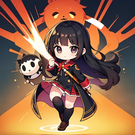 best quality, (chibi, super deformed, full body), cute expressionless woman, white, brown, and red magic school uniform, knee-high socks, wielding a wooden sword, (bobbed black hair, big black eyes:1.2)