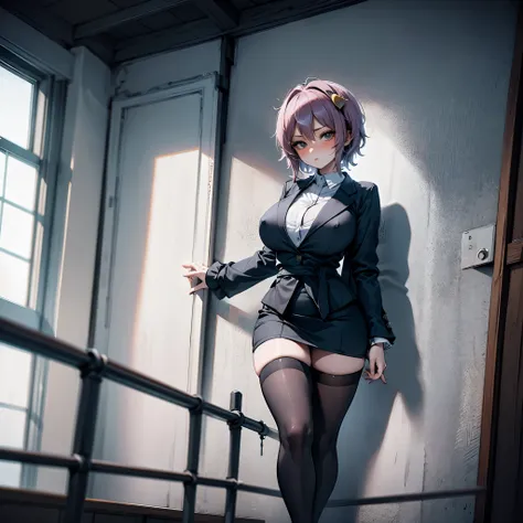 (Satori toho character:1.1), (solo), (standing), (stained glass), BREAK, short hair, (huge perky breasts), bursting breasts, (inconceivably thin waist:1.2), (very long legs), BREAK, (black blazer:1.3), (black thighhighs:1.3), (very short black high-waist s...