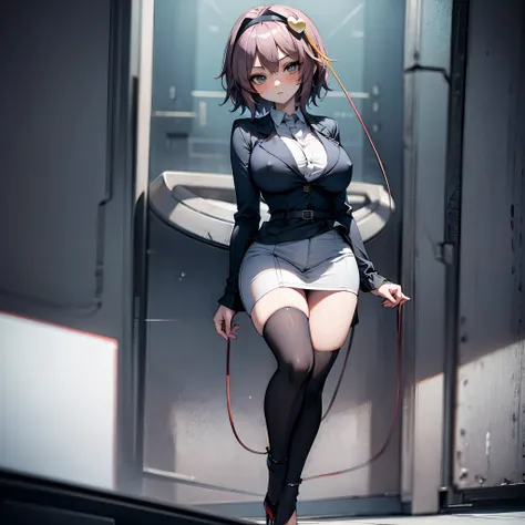 (Satori toho character:1.1), (solo), (standing), (stained glass), BREAK, short hair, (huge perky breasts), bursting breasts, (inconceivably thin waist:1.2), (very long legs), BREAK, (black blazer:1.3), (black thighhighs:1.3), (very short black high-waist s...