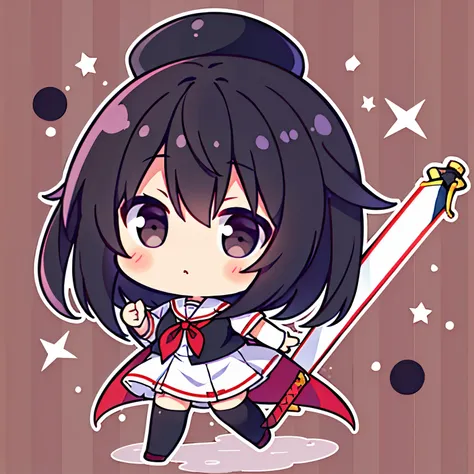 best quality, (chibi, super deformed, full body), cute expressionless woman, white, brown, and red magic school uniform, knee-high socks, wielding a wooden sword, (bobbed black hair, big black eyes:1.2)