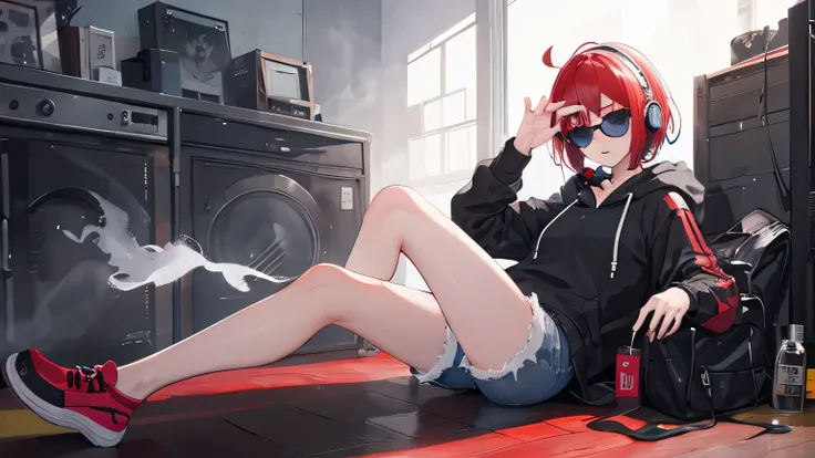 ((best quality)), ((masterpiece)), (detailed), perfect face, anime  girl, vampire, hoodie, full body, listening music, headset, denim shorts, short hair, ultra sharp image, red hair, rubber shoes, vaping, sunglasses