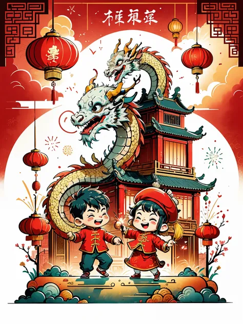 cny, 1boy，chibi，chinese dragon，fireworks, lantern, couplets, firecracker, red envelopes, chinese rural architecture, festive, co...