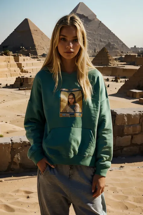 Girl 20 years old. . in a sweatshirt. full length. costs. blonde hair. green eyes. against the backdrop of the Egyptian pyramids. Looks left and down