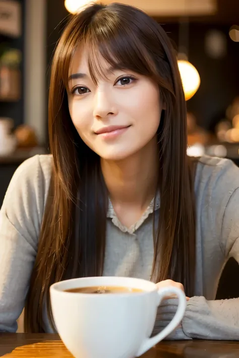 Top quality, beatiful japanese woman in a cafe with coffee, brown hair, mediun long hair