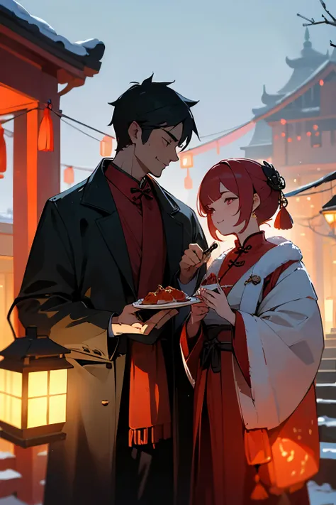 A man and a woman come to their neighbors to wish them a Happy Chinese New Year., holding a pie, winter, evening, lantern light, 4k