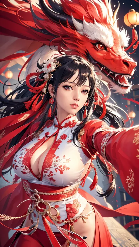 （（（完美figure，figure，red hanfu，Winter Hanfu，Chinese clothes,red clothes，red background,dragon，(Chinese fabric:1.2), hanfu， Dragon and girl，dragon帽兜，xuer lion head,Dragon，long hair，black hair，hair accessories，Chinese clothing，lantern，Oriental Dragon,（（（ailish...