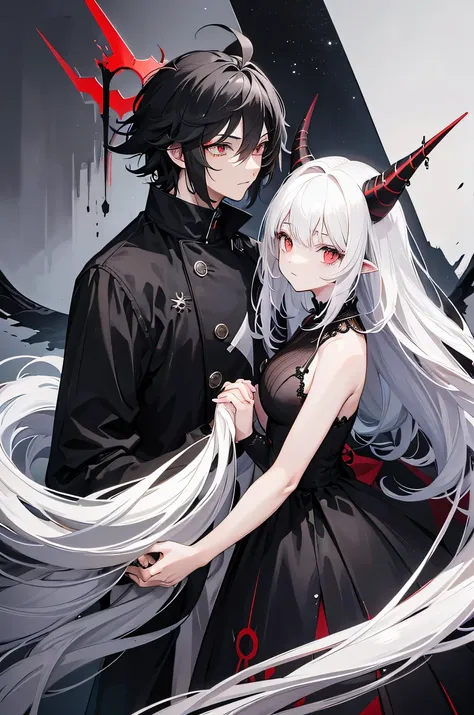 anime style art, short 1girl with long fluffy white hair, tall 1 guy with medium fluffy black hair, holding hands, red eyes, one horn, shattered horn, dark bedroom, one black horn