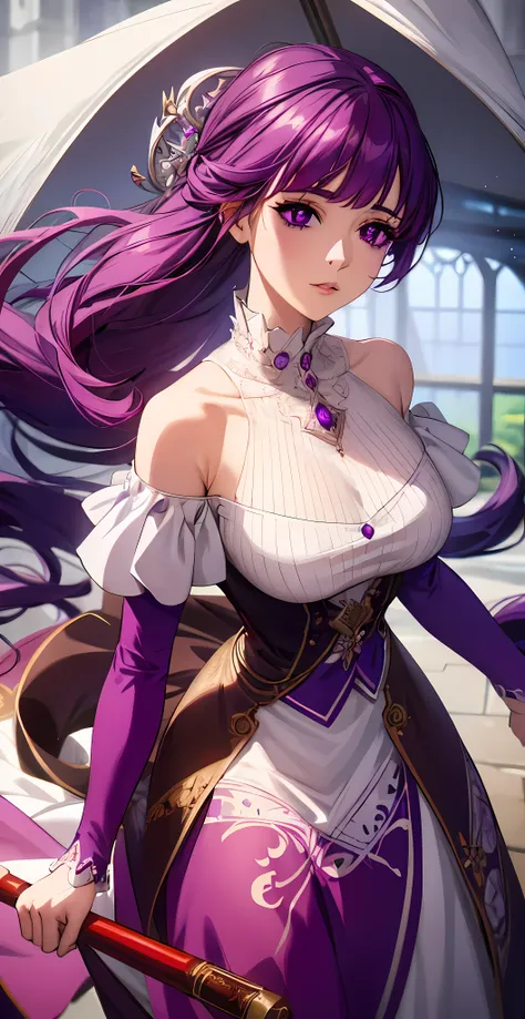 woman in a white dress with purple hair, purple eyes extremely detailed, feminine, high detail, anime illustration,  8k high quality detailed art, beautiful alluring, royal elegant pose