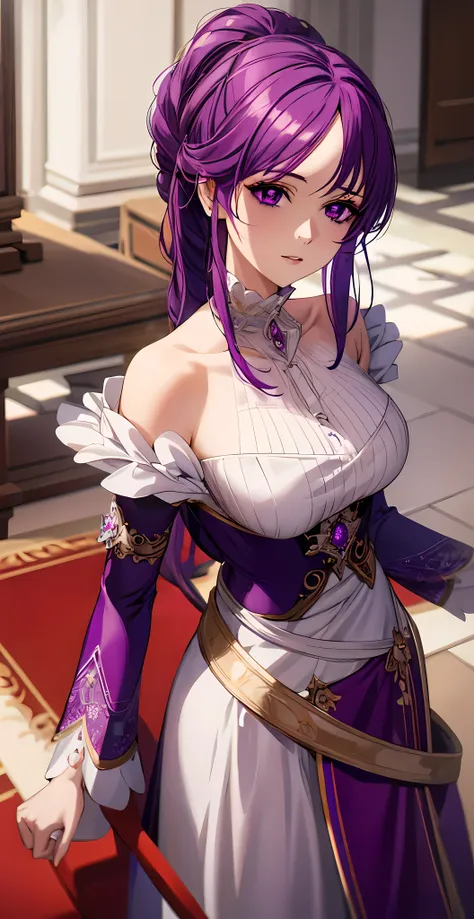 woman in a white dress with purple hair, purple eyes extremely detailed, feminine, high detail, anime illustration,  8k high quality detailed art, beautiful alluring, royal elegant pose