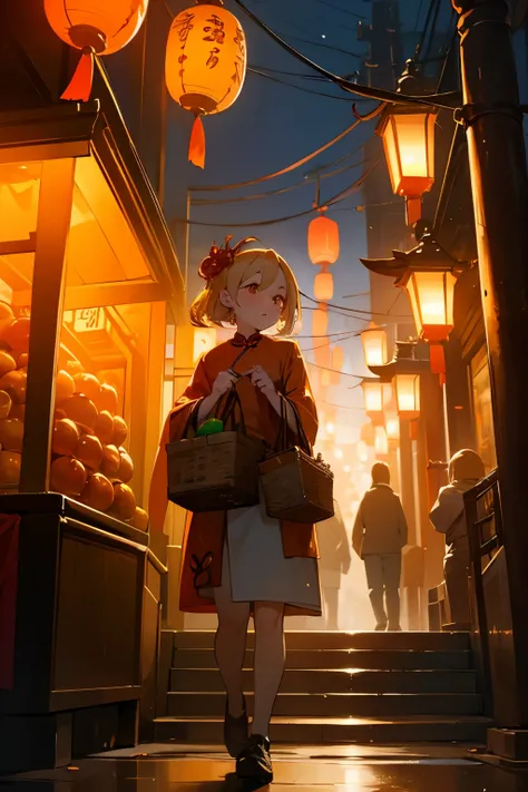 Blonde girl on the street with a basket of tangerines, night, Chinese New Year, lantern light, 4k, ultra quality