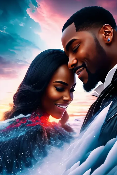 A captivating cinematic moment unfolds on the ice, where a Black couple exudes elegance and delight as they glide hand in hand. Heartfelt symbols of their love adorn the pristine ice, with an abundance of red and blue smoke flares illuminating the sky, inf...