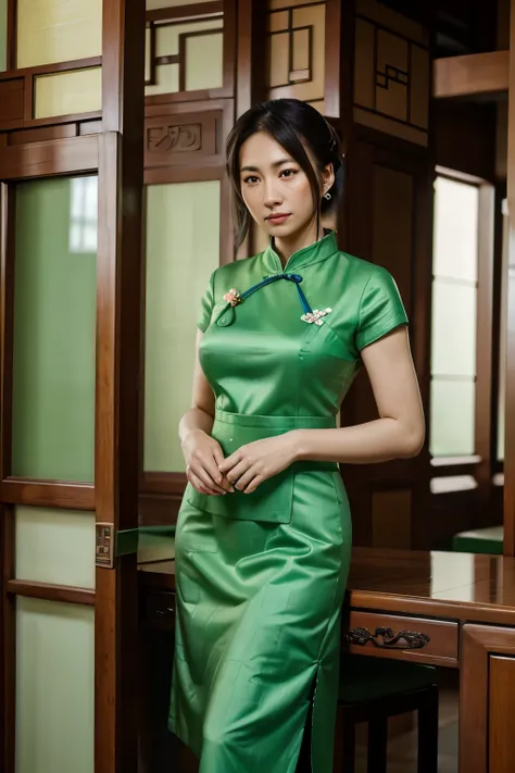 Araki woman in green dress, wearing a green qipao dress, in a blue qipao, she is about 40 years old, with acient chinese clothes, hyper HD，Textured skin，Highest Quality