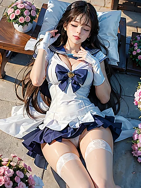 1 woman, solo, (high quality,8k, long blonde hair, realistic, best quality, masterpiece, ultra detailed):1.5, ((sama1, sailor Senshi uniform, white gloves, sailor collar, skirt, white gloves, Bow, close eyes, high heel boots, pantyhose)), sailor moon, sail...