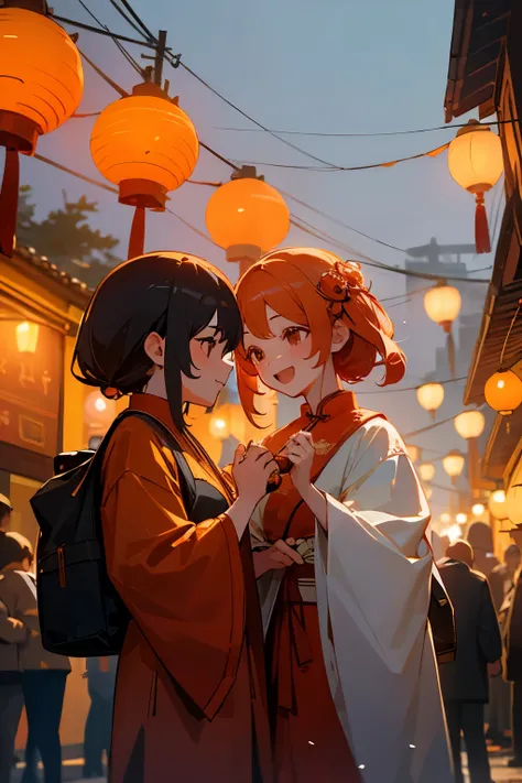 A girl gives oranges to another girl on the street, Girls laugh, night, Chinese New Year, lantern light, 4k, Ultra-Quality