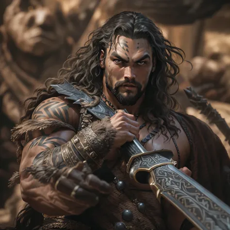 a photo of ((Jason Momoa)) as Conan the Barbarian from Marvel comics, barbarian sword, Intricate, High Detail, Sharp focus, dramatic, photorealistic digital art, photo-realistic, octane render, unreal engine, ultra-realistic