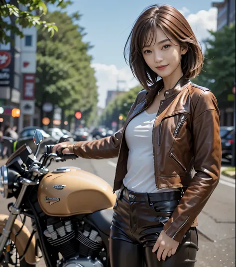 ((best quality)), ((masterpiece)), ((perfect face))、（Detailed Motorcycle）、Detailed and clear photos、((Motorcycle Women))、slender body、((Khaki riding jacket and leather pants))、smile、((posing next to a motorcycle))
