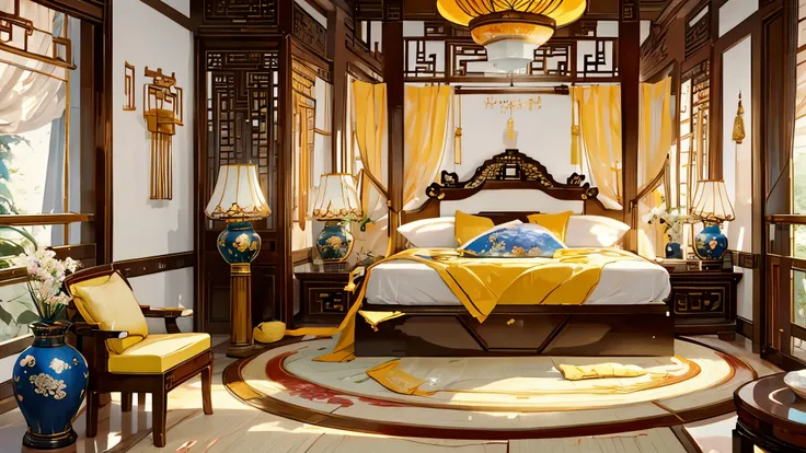 (masterpiece, best quality, highres, ultra-detailed), chinese style, a yellow bedroom, grand bed, silk canopy, embroidered fabrics, side tables, flower, porcelain vases, plush carpets, antique interior design, Chinese home furnishings, spacious and airy ch...