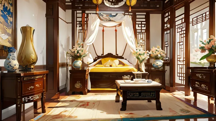 (masterpiece, best quality, highres, ultra-detailed), chinese style, a yellow bedroom, grand bed, silk canopy, embroidered fabri...