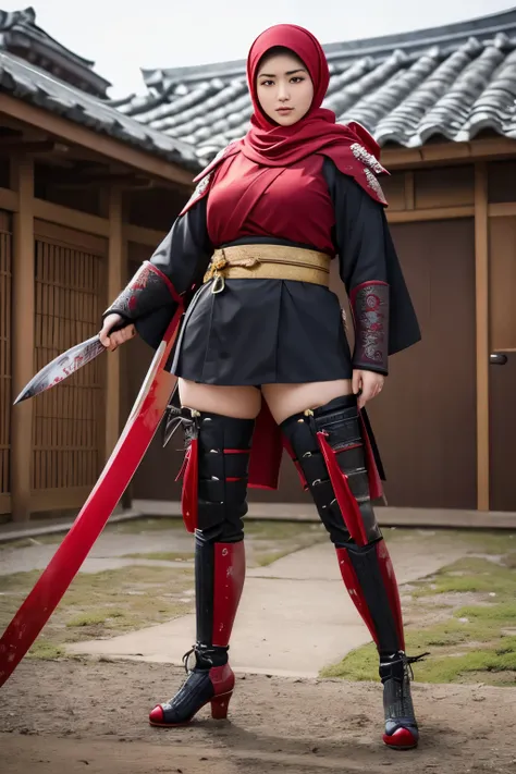 Beautiful, realistic samurai woman wearing a curvaceous hijab. With a confident expression, his clothes, shoes, and blood splattered on his sword. japanese village and full body pose Quarrel in front of the camera, very detailed, realistic, high resolution...