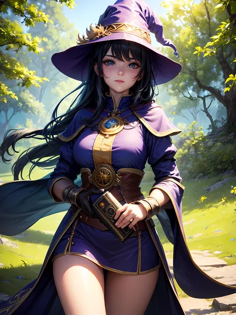 (best quality,4K,8 TAUSEND,High Resolution,Meisterwerk:1.2), ultradetailliert, 1girl, Sie ist eine Magierin, She wears wizard clothing, Blick auf den Betrachter, leuchtende Farben, natural light,