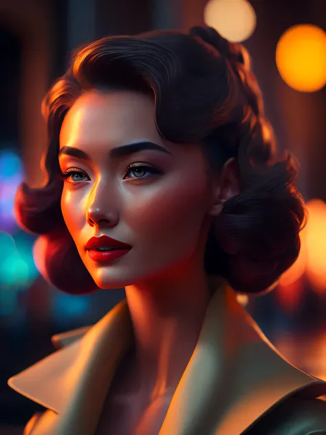 32K, hyperrealistic, Facial skin shines, hyper realistic facial skin, Close up portrait of a woman, looking straight at us, Adorable characters, action films, gadgetpunk, solo punk, Colorful street scenes, crimson and amber, (A man in a bright coat and tie...