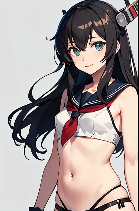 highest quality, masterpiece, High resolution, 一人in, {mogami_Kantai Collection:1.15}, black_hair, middle_hair,beautiful and detailed _eye, chest, hair_between_eye, headgear, oversize_chest, smile, 1 girl, sailor suit_body, black_gloves, looking for_in_view...