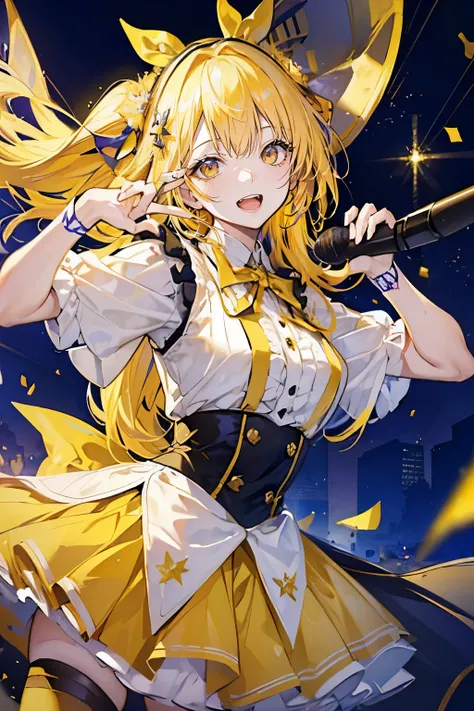 (muste piece), (best quality), very detailed, ((1 girl)), solo focus，Low - Angle，dynamic，jump，((A big smile))，perfect face, beautiful face, very detailedな顔，(blonde long hair_yellow eyes:1.3)，idol costume，Solo Idol，Ribbon hair ornament，concert dome，live，hav...