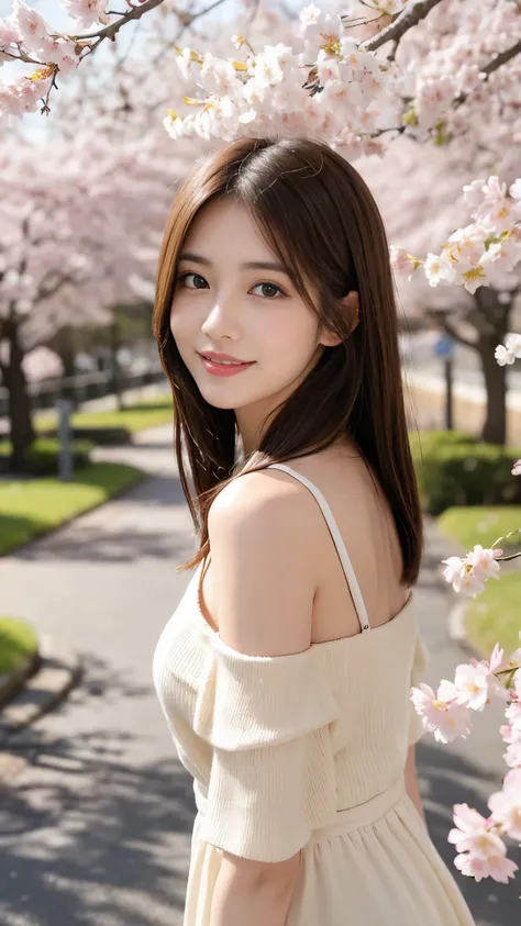 Instagram pictures, a girl, Shoulder length hair, Has light blonde hair, Close-up photo, Take a walk in the park with cherry blossoms, Japan, smile a little,