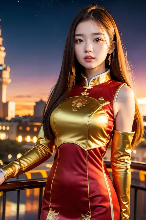 ((best quality)), ((masterpiece)), (detailed), perfect face teenage girl in chinese dress Space age future design, gold color, Chinese style future world backdrop