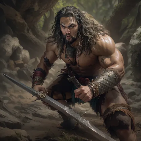 a photo of ((Jason Momoa)) as Conan the Barbarian from Marvel comics, barbarian sword, Intricate, High Detail, Sharp focus, dramatic, photorealistic digital art, photo-realistic, octane render, unreal engine, ultra-realistic