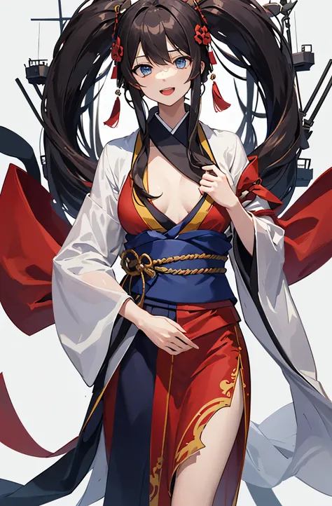 highest quality, masterpiece, High resolution, 一人in, {akagi_fleet:1.15}, black_hair, length_hair, beautiful fine blue_eye, chest, hair_between_eye, super big_chest, smile, 1 girl,kimono _body, looking for_in_viewer, simple_background, gray_background, is o...