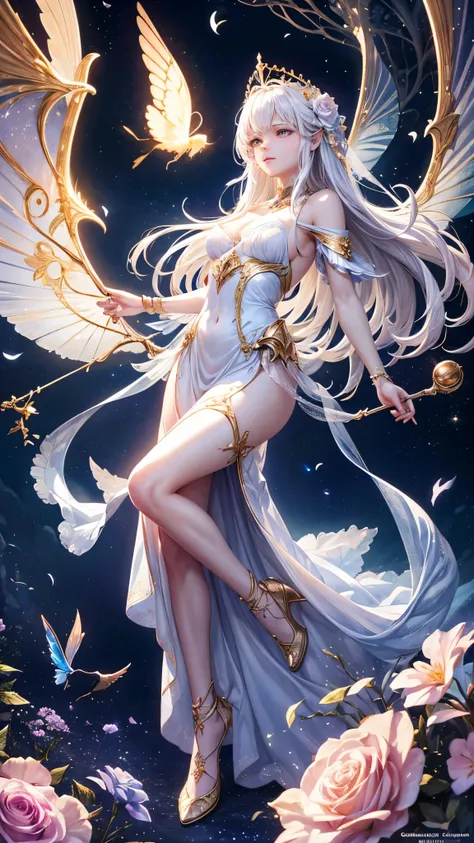 1 moon，Dear beautiful flower fairy, Peach Eye, white hair, clear wings, The wand blows in the wind...､The wand flickered with starlight...，golden wand，Beautiful blue sky and white clouds、girl with transparent wings､Please smile､beautiful garden background､...