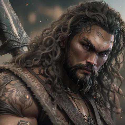 a photo of ((Jason Momoa)) as Conan the Barbarian from Marvel comics, barbarian sword, Intricate, High Detail, Sharp focus, dramatic, photorealistic digital art, photo-realistic, octane render, unreal engine, ultra-realistic