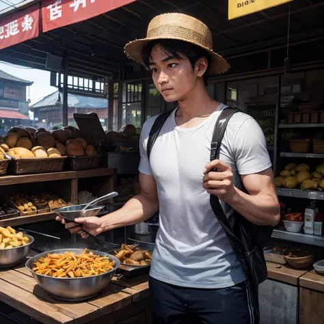 a 30-year-old Indonesian man with a clean face, wearing a shabby gray T-shirt, half-calf pants, wearing a hat made of woven bamboo, frying bananas and cassava, there is a cart with a glass display case filled with fried foods, face facing a frying pan, tra...