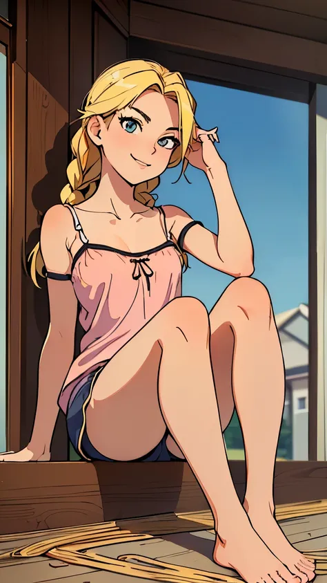 ((best quality)), ((masterpiece)), (detailed), perfect face, (((18 year old teen girl))), (((spaghetti strap pyjama top))), ((pyjama shorts)), (((suburban home))), ((view from below)), ((bare legs)), ((legs together)), (((peak up shorts)), ((plain panties)...