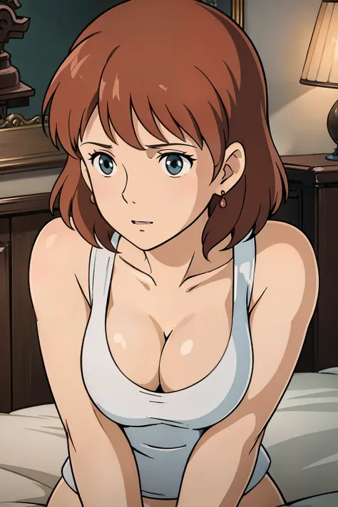 nausicaa, 1girl, solo, cute, blush, slim, brown hair, (looking at away, cleavage), upper body, large breasts, (white tanktop), s...