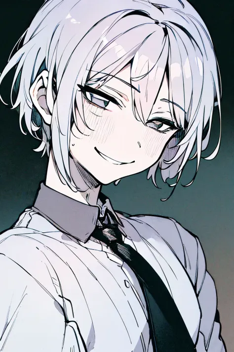 masterpiece,  1 boy,  smile, close, upper body, (monochrome:0.8), silver hair,short hair