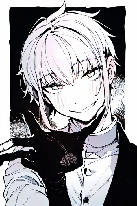 masterpiece,  1 boy,  smile, close, upper body, (monochrome:0.8), silver hair,short hair