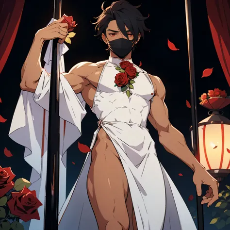 A man (male), in a white dress, with roses covering him, light tan skin, roses on his leg, black floofy hair part of it covering his eyes, and red eyes, skinny, on a stripper pole